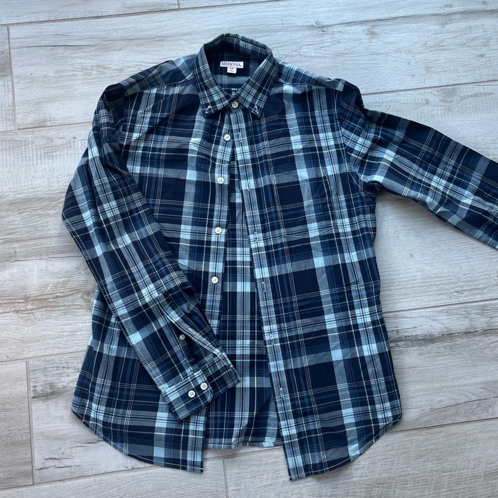 Merona men’s dress shirt button down plaid blue size s brand new